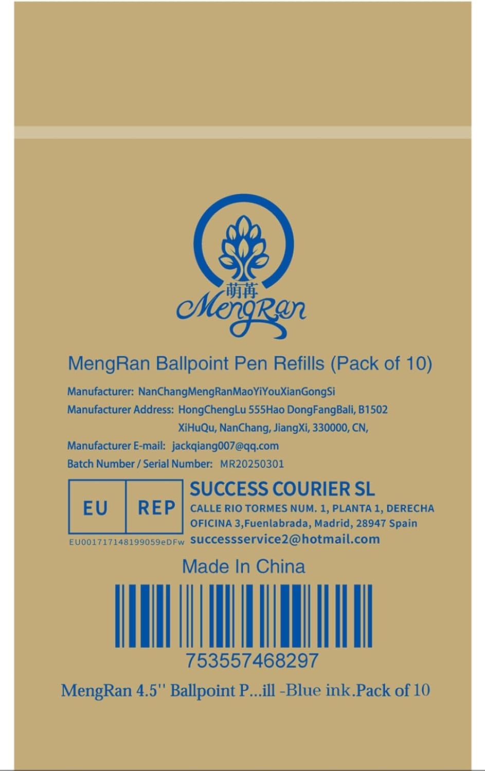 MengRan 4.5'' Ballpoint Ink Pen Refills for Twist Pens,1mm Medium Tip, Compatible with Cross Pen Refills (8511)(10 Pcs Blue Ink)