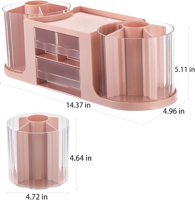 Rotating Desk Organizer with 2 Pen Holder, Desk Organizers and Accessories with 10 Slots Pencil Holder for Desk + 3 Drawer, Art Supply Storage Box Caddy for Office School Home (Pink)