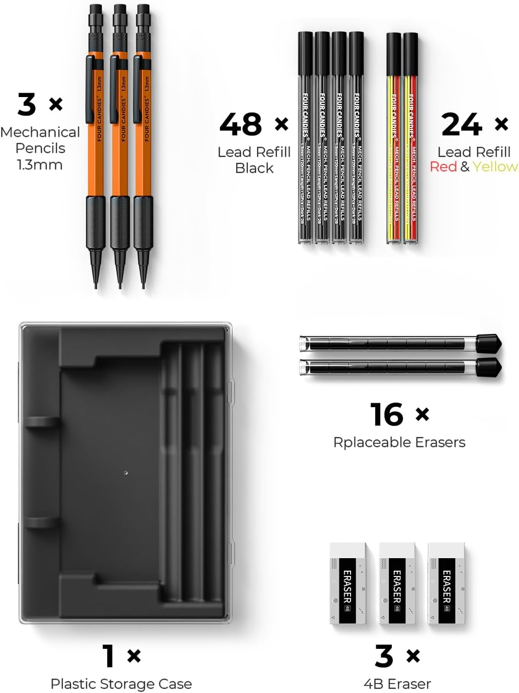 Four Candies 3PCS 1.3mm Mechanical Pencil Set with Case, Metal Heavy Duty Carpenter Pencils with 72 Refill(Red,Black,Yellow) 3Eraser, 16Eraser Refill, Weatherproof Body Outdoor Woodworking Marking