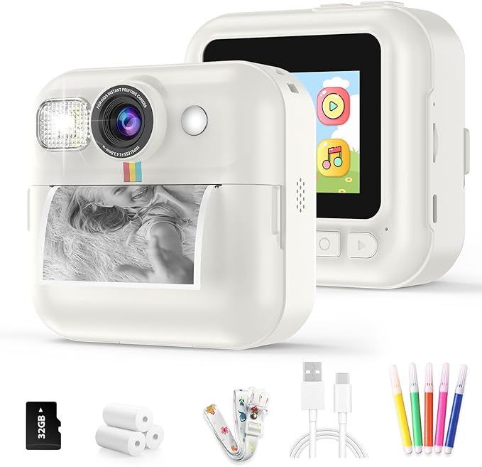 Kids Instant Print Camera for Girls Age 3-8, Toddler Travel Selfie Video Camera Toys with Color Pens (White)