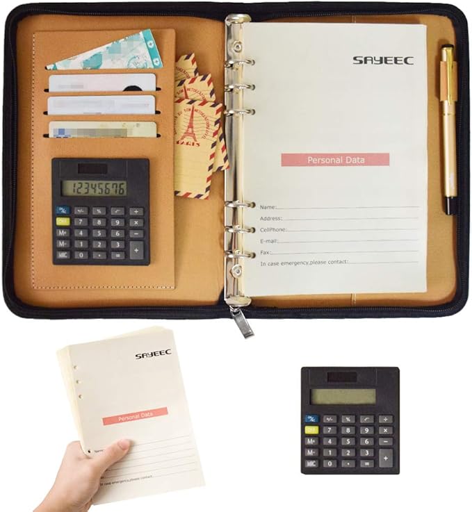 SAYEEC A5 Executive Conference Folder Business Notebook Zipped Organizer with Calculator Travel Portfolio binder Faux Leather Loose Leaf Paper Lined Refillable Journal Gift for Men