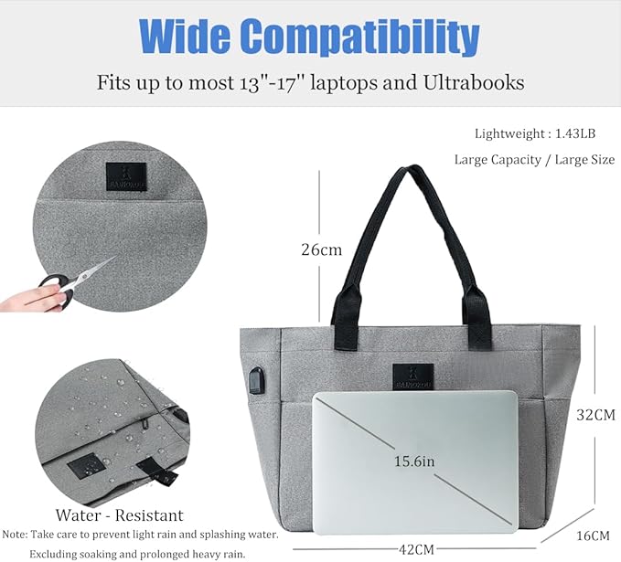Tote Bag for Women Large Work Bags Laptop 15.6-17 Inch Handbag Purse Book Bag with Zipper for Nurse Teacher School,Grey