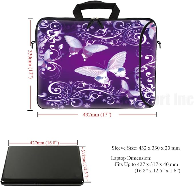 Meffort Inc 17 Inch Neoprene Laptop Bag with Extra Side Pocket, Soft Carrying Handle & Removable Shoulder Strap Fit 16" to 17.3" Size - Purple Butterflies