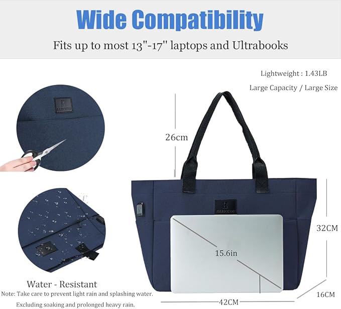 Tote Bag for Women Large Work Bags Laptop 15.6-17 Inch Handbag Purse Book Bag with Zipper for Nurse Teacher School, Blue