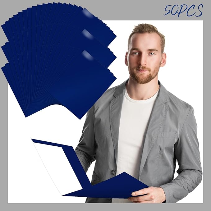 Jutom 50 Pcs 2 Pocket Glossy Paper Folders Glossy Paper Laminated Portfolios, Letter Size, Presentation Folders with Pockets for Office Teacher Worker Supplies(Blue Color)