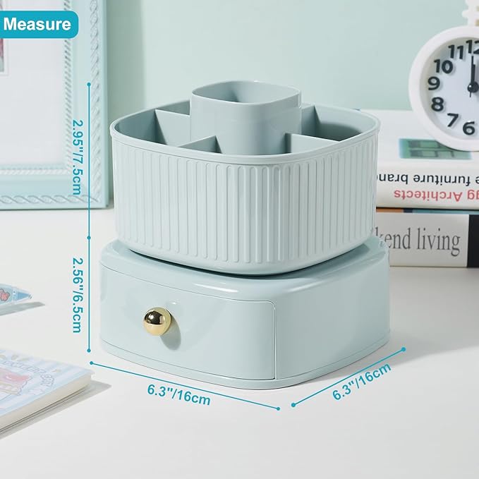 360 Degree Rotation Pencil Holder 5 Slots Pencil Holder with Drawer for Desk Makeup Brush Holder Desktop Organizer Storage Box Light Green