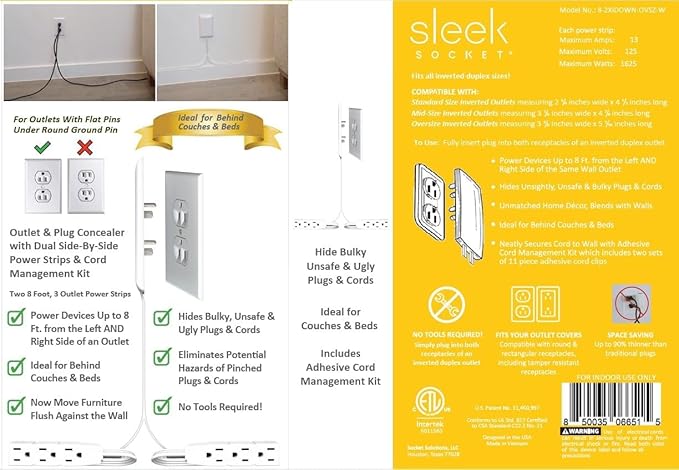 Sleek Socket Original & Patented Ultra-Thin Outlet Concealer with Cord Concealer Kit, Flat Extension Cord with Multi Outlets Power Strip, Ideal for Home Improvement, Hide Bulky and Messy Cords