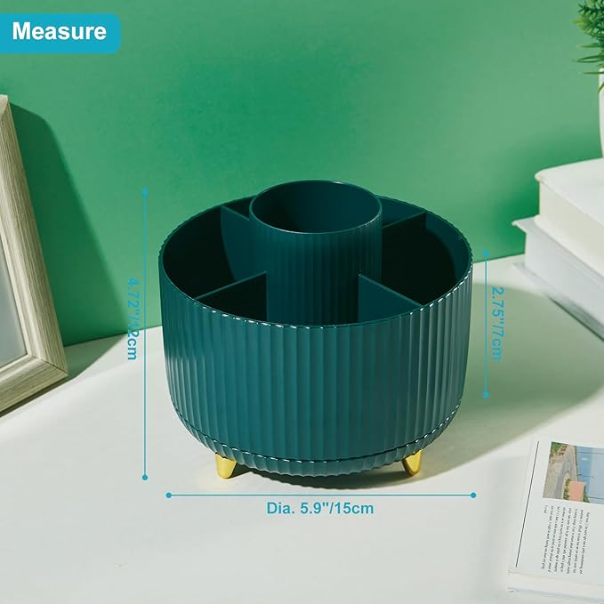 360 Degree Rotatable Pen Holder, 5 Slots Office Desk Organizer, Pencil Holder for Desk Multi-Functional Pencil Cup Desktop Stationary Organizer Storage for Office School Home Dark Green
