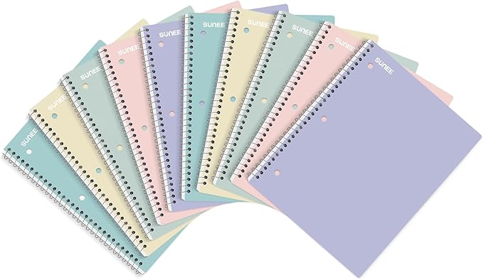 SUNEE Spiral Notebooks, 1-Subject, 10 Pack, College Ruled Paper, 8" x 10-1/2", 70 Sheets per Notebook,3-Hole Punched Paper, Pink,Purple, Blue, Green, Yellow Spiral Lined Notebooks for School,Work