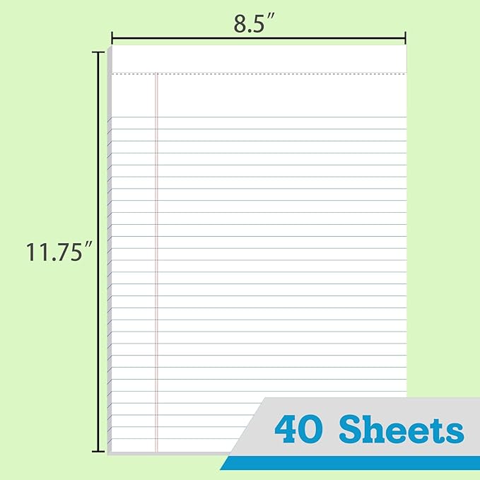 KAISA Legal Pads 8.5x11 Writing Pads Wide Ruled Notepads 8.5"x11.75" White Note Pads 40 Sheets 2 Pads,WT-MWT40W-2PAD,Made in the USA.