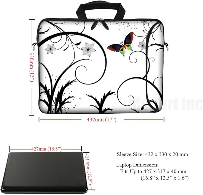 Meffort Inc 17 17.3 Inch Neoprene Laptop Bag Sleeve with Extra Side Pocket, Soft Carrying Handle & Removable Shoulder Strap for 16" to 17.3" Size Notebook Computer - White Swirl Design