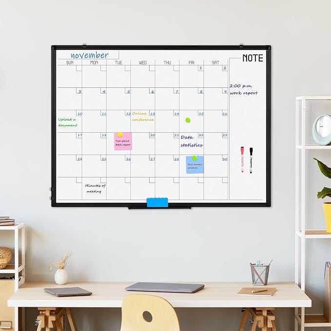 WALGLASS Dry Erase Calendar Whiteboard, 48" x 36" Monthly Large Dry Erase Calendar for Wall, Double-Sided Hanging Calendar White Board with Black Aluminum Frame for Home, School, Office, Kitchen