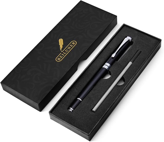 BEILUNER Ballpoint Pens, Stunning Black Chrome Ballpoint Pen with Silver Trim, Best Ball Pen Gift Set for Men & Women, Professional, Executive, Office, Fancy Pen-Gift Box With 0.5mm Extra Black Refill
