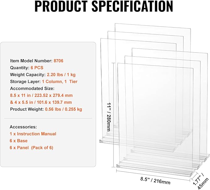 VEVOR Acrylic Sign Holder, 6 Pack 8.5 x 11-inch Brochure Display Holders, T-Shape Double Sided Display Sign Stand, Clear Acrylic Table Menu Photo Paper Holder for Restaurant Office Wedding Bar