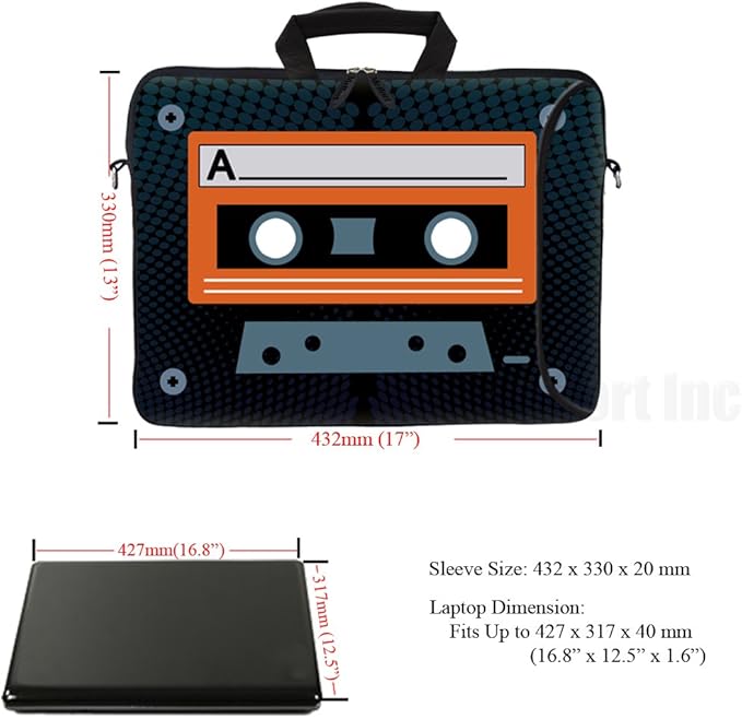 Meffort Inc 17.3 Inch Neoprene Laptop Bag with Extra Side Pocket, Soft Carrying Handle & Removable Shoulder Strap Fit 16" to 17.3" Laptop - Cassette Tape