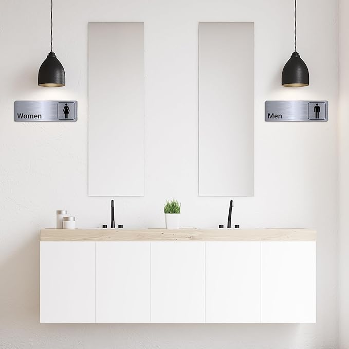 Brushed Aluminum Restroom Signs, Men and Women Modern Restroom Sign, 9 x 3 Inch Bathroom Door Signage Decor for Offices Business Restaurants (4 Pcs)