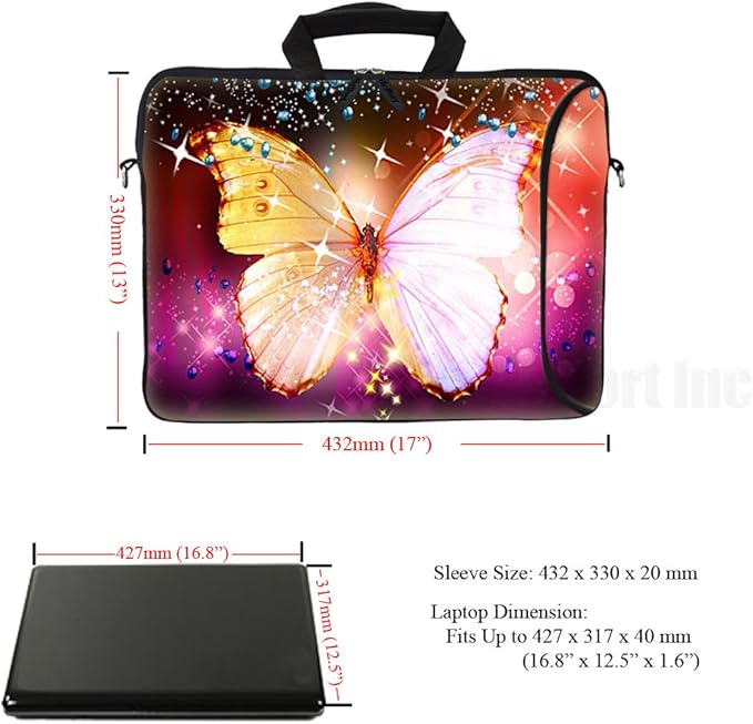 Meffort Inc 17 Inch Neoprene Laptop Bag with Extra Side Pocket, Soft Carrying Handle & Removable Shoulder Strap Fit 16" to 17.3" Size - Big Butterfly