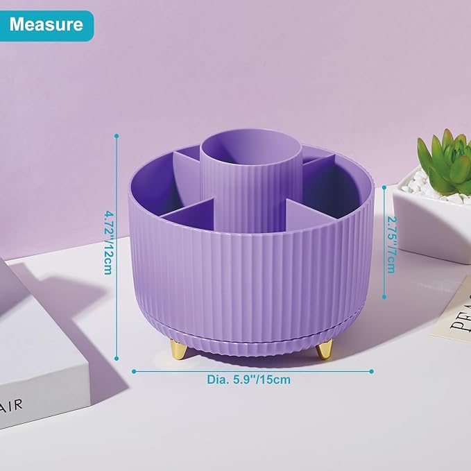 Desk Pencil Pen Holder, 5 Slots 360 Degree Rotating Pencil Pen Organizers for Desk Desktop Storage Stationery Supplies Organizer Cute Pen Cup for Office School Home Art Supply Purple