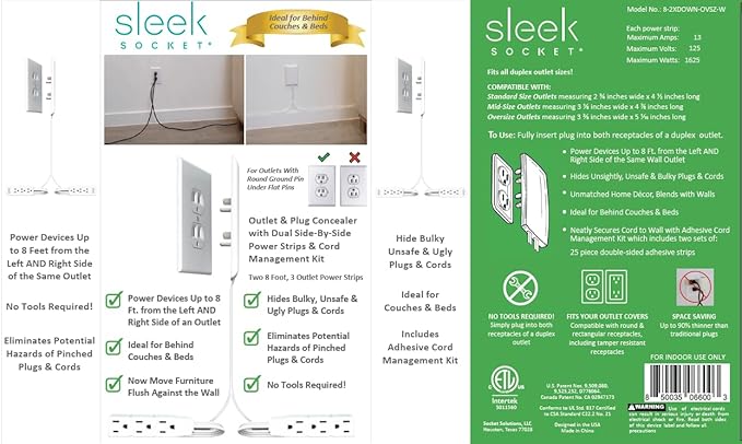 Sleek Socket Original & Patented Ultra-Thin Outlet Concealer with Cord Concealer Kit, Flat Extension Cord with Multi Outlets Power Strip, Ideal for Home Improvement, Hide Bulky and Messy Cords