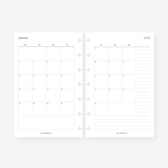 Mini Happy Planner 2025 Month on Two Pages Monthly Planner Insert Agenda Refill for 7-Discs Notebook 4.6 x 7 (Monthly with Notes (Monday start) (Non-separable Months))