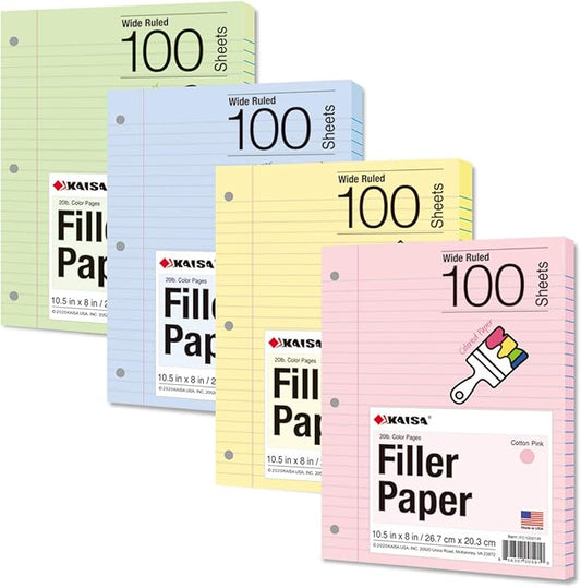Kaisa Filler Paper Colored loose Leaf Paper, Wide Ruled 8x10.5in Colored Paper, 3-Hole Punched for 3-Ring Binders,100Sheets/pack 4Packs, FC10001W