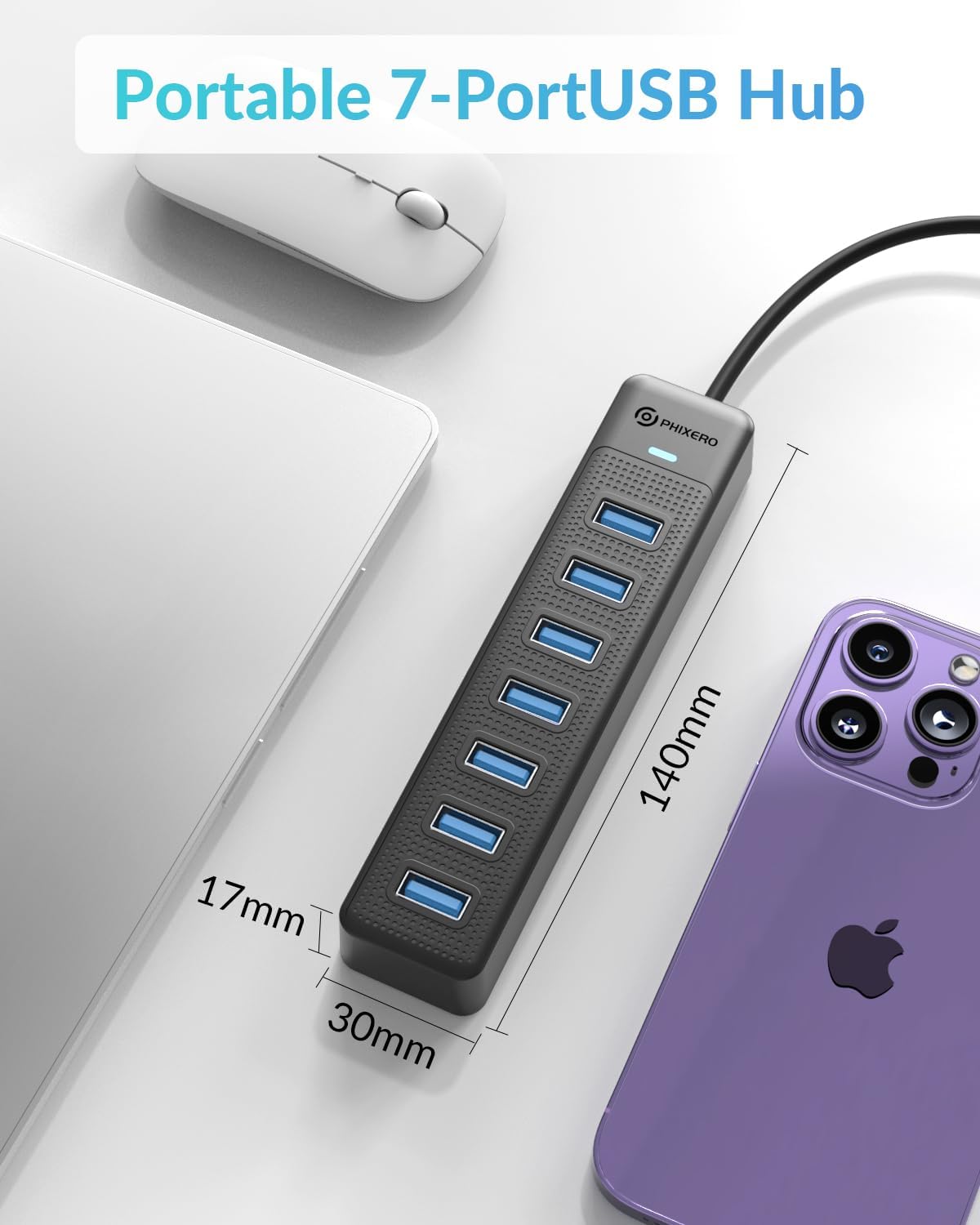 PHIXERO 7 Port USB Hub 3.2 with 15CM Long Cable, Multiport Adapter and Splitter for PC, Compatible with All USB 3.0/2.0/1.1 Devices