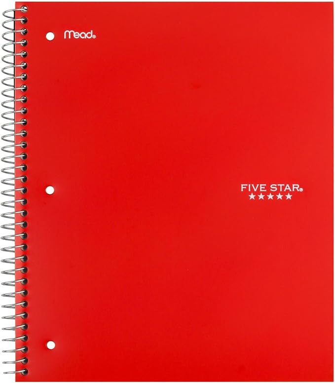 Five Star Spiral Notebook + Study App, 5 Subject, Wide Ruled Paper, Fights Ink Bleed, Water Resistant Cover, 8" x 10-1/2", 200 Sheets, Fire Red (72041)