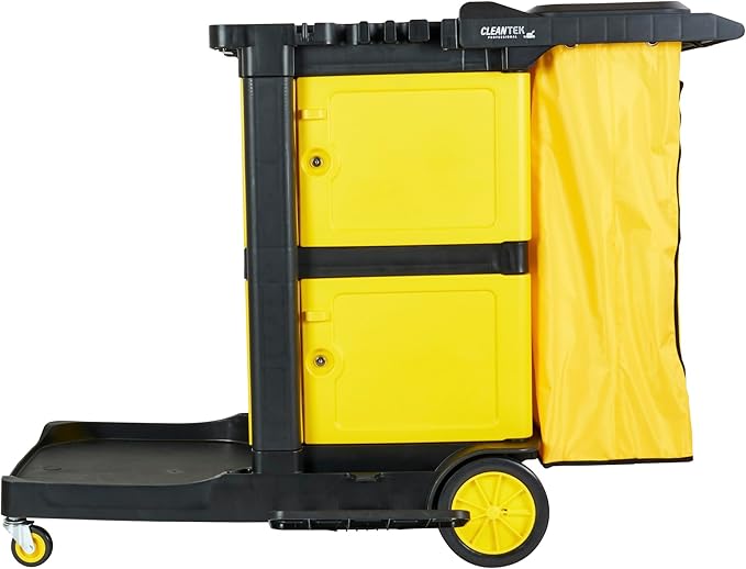 Restaurantware-Clean Tek Professional 3-Shelf Janitor Cart with Wheels, 1 Cleaning Trolley with Cover and 21 Gallon Bag - Includes 1 Double Locking Cabinet, Heavy-Duty, Gray Plastic Janitorial Cart