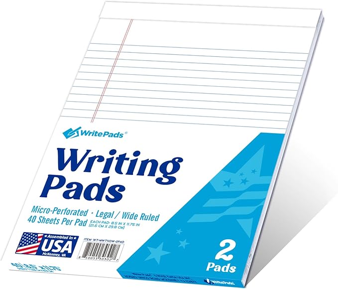 KAISA Legal Pads 8.5x11 Writing Pads Wide Ruled Notepads 8.5"x11.75" White Note Pads 40 Sheets 2 Pads,WT-MWT40W-2PAD,Made in the USA.