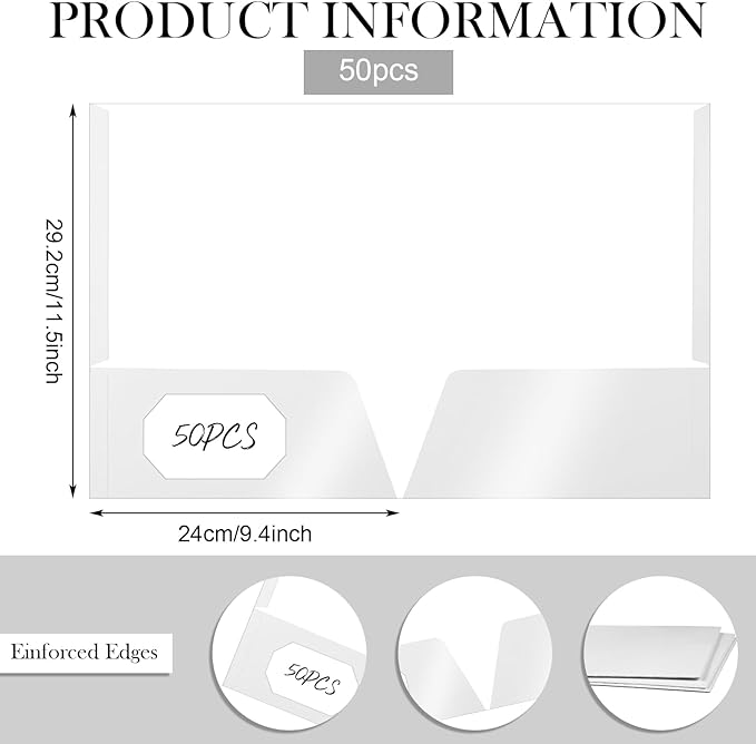 Jutom 50 Pcs 2 Pocket Glossy Paper Folders Glossy Paper Laminated Portfolios, Letter Size, Presentation Folders with Pockets for Office Teacher Worker Supplies(White Color)