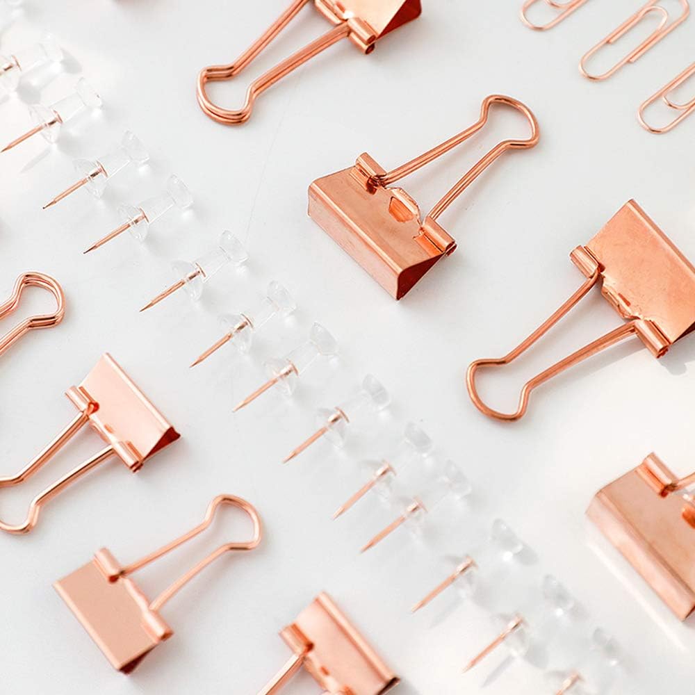 Paper Clips and Binder Clips Set, Metal Assorted Sized Binders with Push Pins, Cute Office Supplies for Desk, Desk Accessories, Rosegold