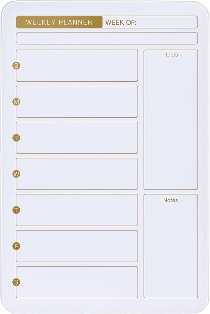 SELEAD Magnetic Glass Whiteboard Weekly Planner - 16”x24” Dry Erase Calendar White Board for Wall, Menu TODO Grocery List Board for Home Kitchen Restaurant - White&Gold