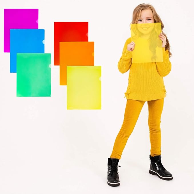 Dunwell Clear Plastic Folder Sleeves (12 Pack, Assorted Colors), Transparent Project Folders, Acid-Free Poly Sleeves, File Jackets for Letter Size Paper, Plastic L-Sleeves for 8.5x11 Documents