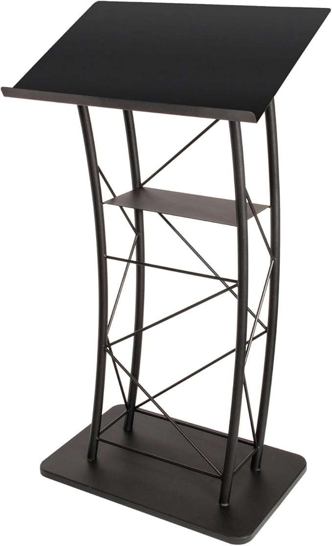Kingdom KMLSTL Large Curved Metal Lectern with Durable Powder Coat Finish and a Built in Shelf - Black
