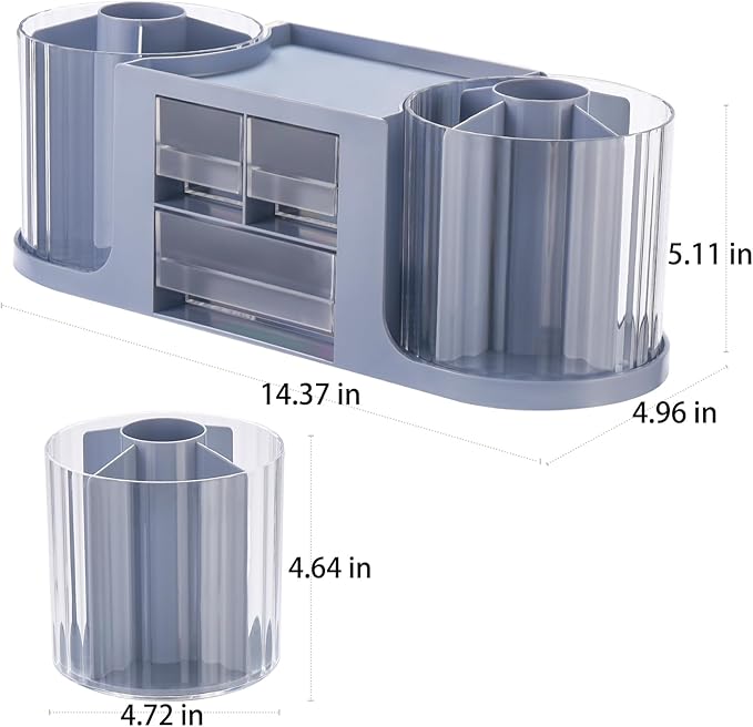 Rotating Desk Organizer with 2 Pen Holder, Desk Organizers and Accessories with 10 Slots Pencil Holder for Desk + 3 Drawer, Art Supply Storage Box Caddy for Office School Home (Blue)