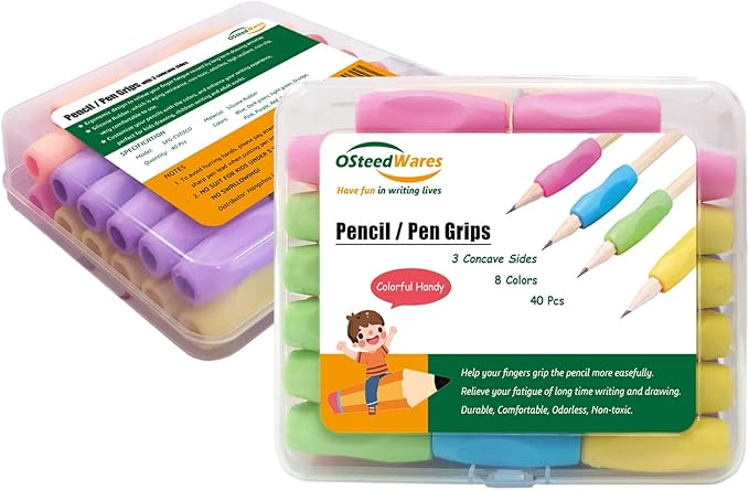 Ergonomic Silicone Pencil Grips 40 Pcs for Kids and Adults Handwriting, 8 Colors Gel Pen Grips with 3 Concaves