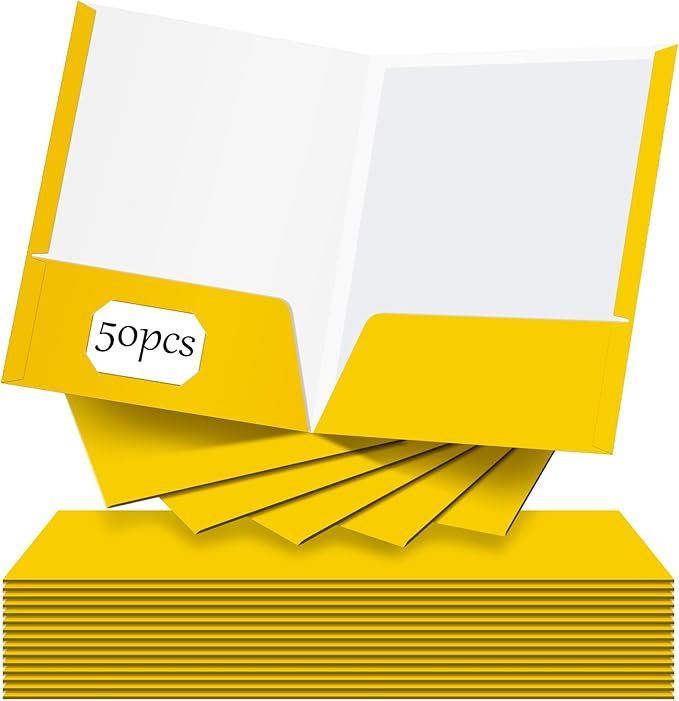 Jutom 50 Pcs 2 Pocket Glossy Paper Folders Glossy Paper Laminated Portfolios, Letter Size, Presentation Folders with Pockets for Office Teacher Worker Supplies(Yellow Color)