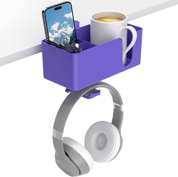 KDD 4 in 1 Desk Cup Holder - Clamp on Under Desk Headphone Hanger - Rotating Headphone Holder Detachable Pen Cup Holder Desk Storage for Cup, Phone and Pen(Purple)