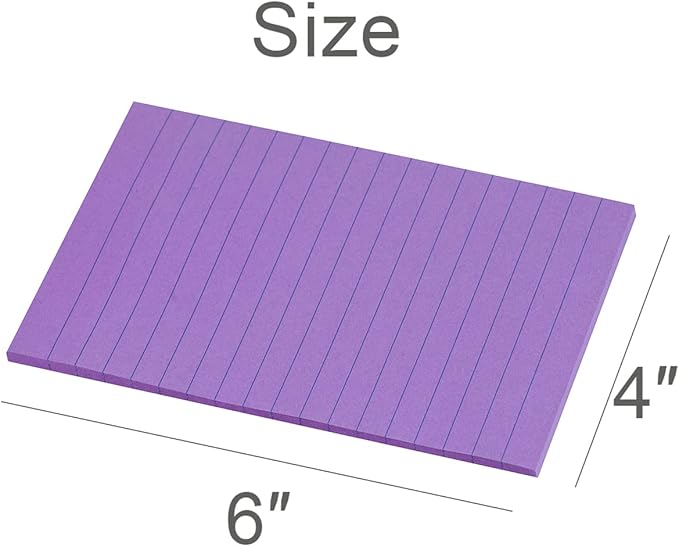 Vanpad Lined Sticky Notes 4X6 in Bright Purple Ruled Stickies Super Sticking Power Memo Pads Strong Adhesive, 6 Pads/Pack, 45 Sheets/pad