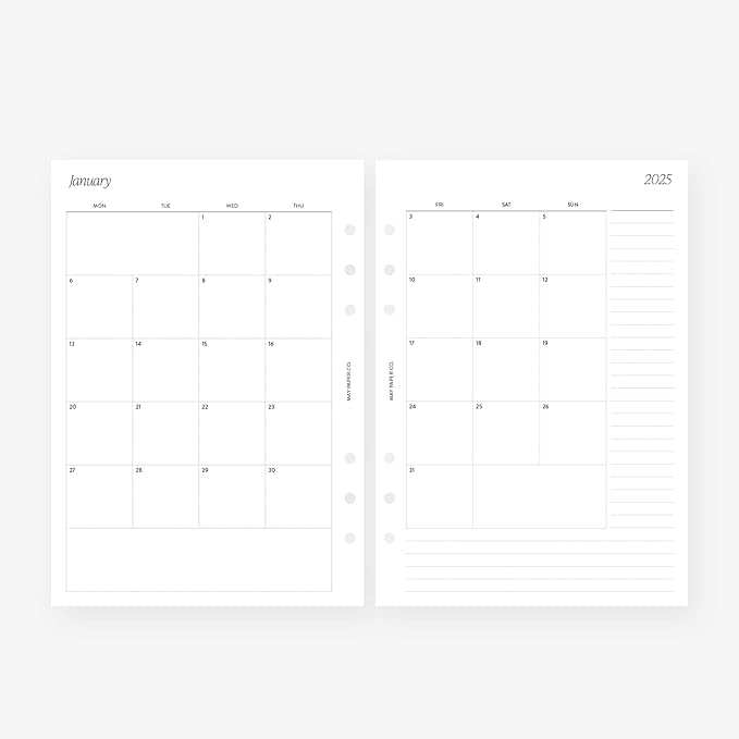 A5 2025 Month on Two Pages Monthly Planner Insert Agenda Refill for 6 ringed A5 Filofax, Kikki K, LV GM agendas (Monthly with Notes (Monday Start, Non-Separable Months))