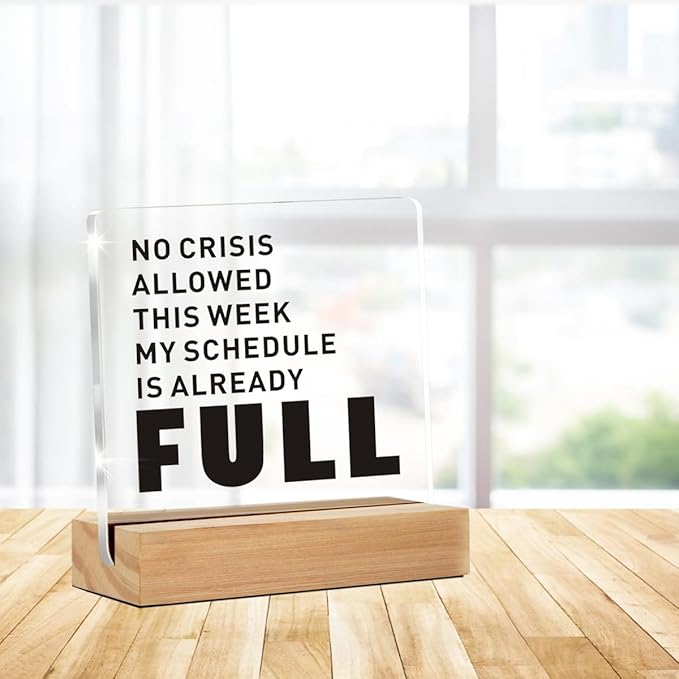 Funny Boss Lady Gift for Women, Funny Office Decor Signs, No Crisis Allowed Clear Decorative Acrylic Sign With Wooden Stand for Desk Table Shelf (4 x 4 Inches)
