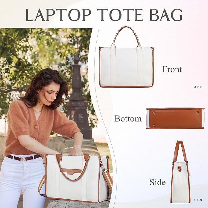 RAVUO Laptop Tote Bag Women, Water Resistant 15.6 Inch Large Canvas Handbag Business Briefcase With Detachable Shoulder Strap