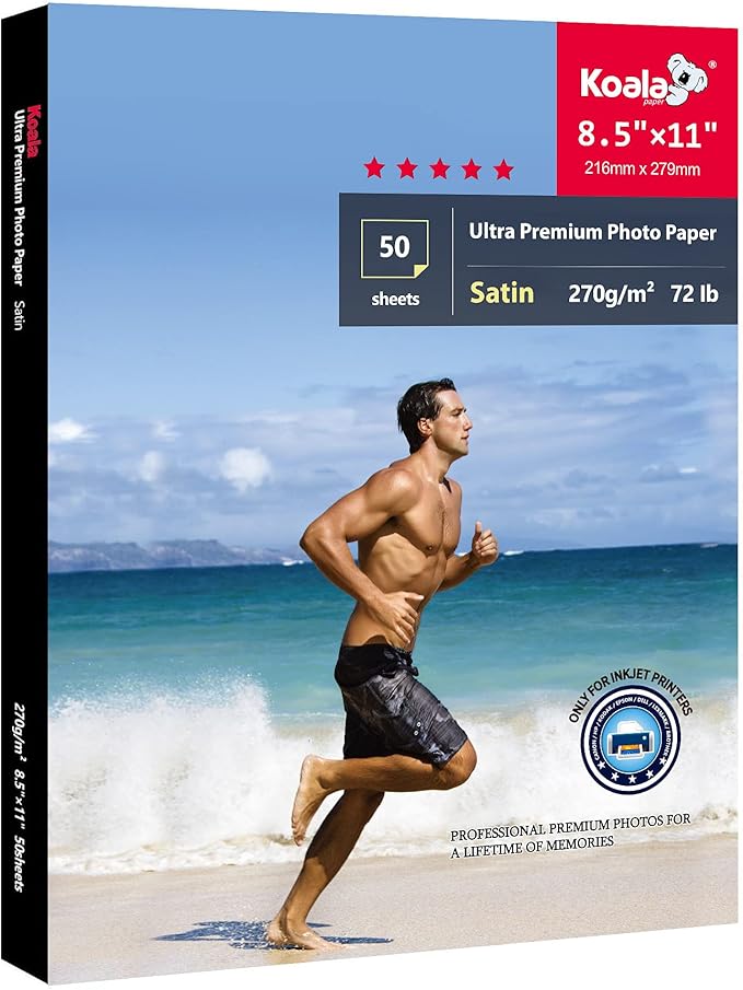 Koala Ultra Premium Photo Paper 8.5 x 11 In Satin Photo Printer Paper for Inkjet Printer Water-Resistant Semi Gloss 50 Sheets 72lb