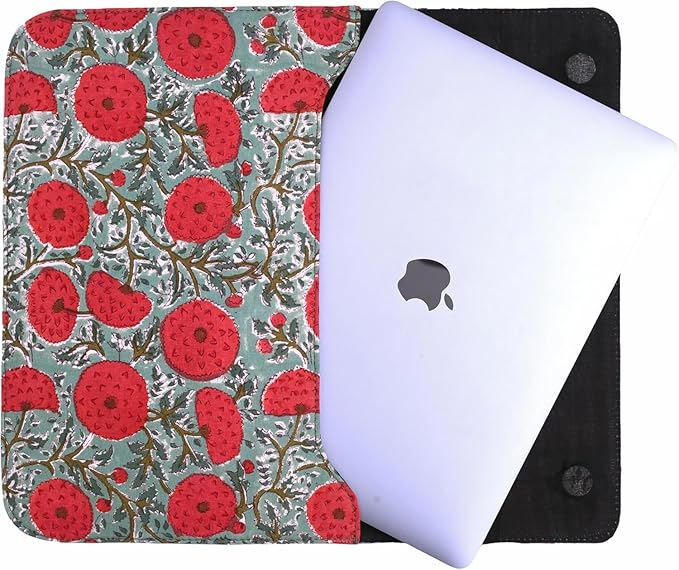 Cotton Hand Block Print Laptop Sleeve Case Bag Compatible with MacBook Air/Pro, 13-13.3 inch Water-Resistant Notebook, Travel Carrying Case Bag Protective Portable Computer Bag, Green