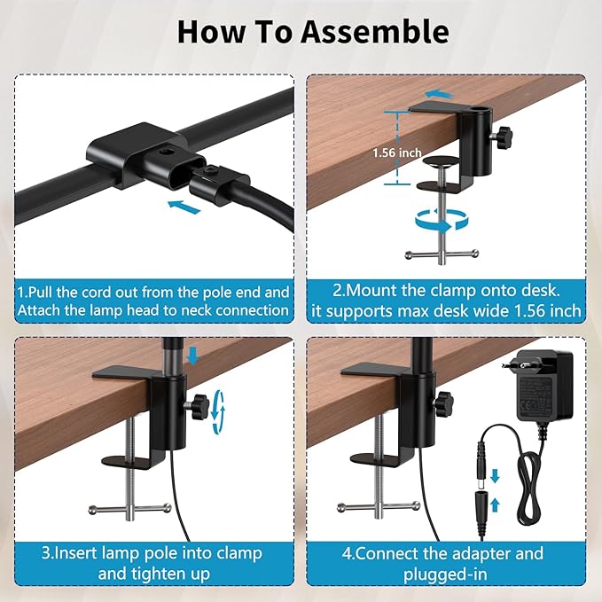 KableRika Desk lamp,Double Head LED Desk Lamp with Clamp,Architect Desk Lights for Home Office,Eye-Caring Desktop Office Lamp 4-Brightness 4-Color Table Lamp for Monitor Workbench Study Reading