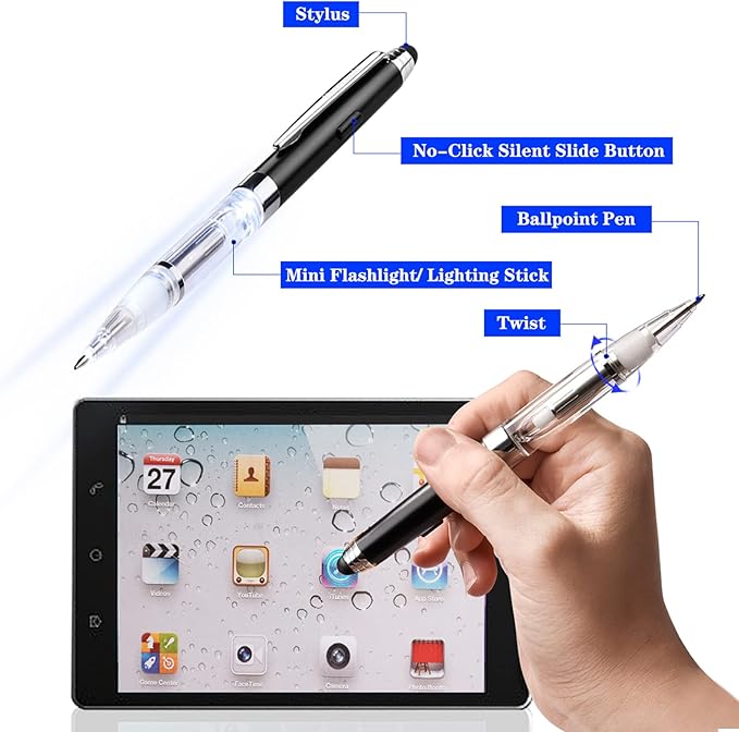 Pen with Light and Stylus Tip (2 cts), Penyeah 3 in 1 Light Up Pens with Rubber Tip Stylus for Touchscreens, Bright Light Pen for Writing in The Dark (2 White Light)