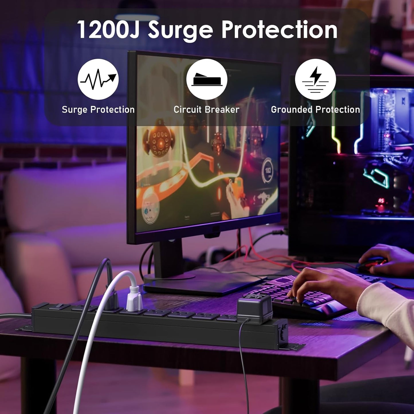 JUNNUJ Heavy Duty Power Strip Wall Mount, 20 Amp Surge Protector 1200J Metal 8 Outlet Under Desk Mounted 20A, Garage Power Table Socket Industrial Outlets 6-20R T-Slot, Black-15FT 12AWG Extension Cord