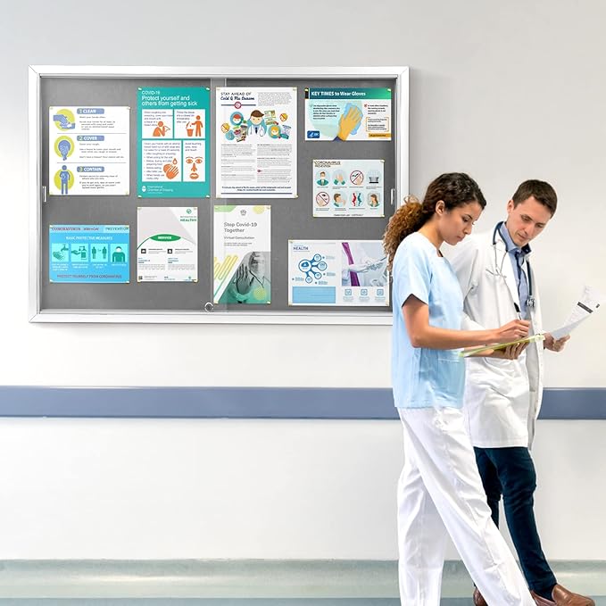 SWANCROWN Enclosed Locking Bulletin Board Gray Fabric Message Board with Sliding Glass Doors,for Indoor Use,48"x34"
