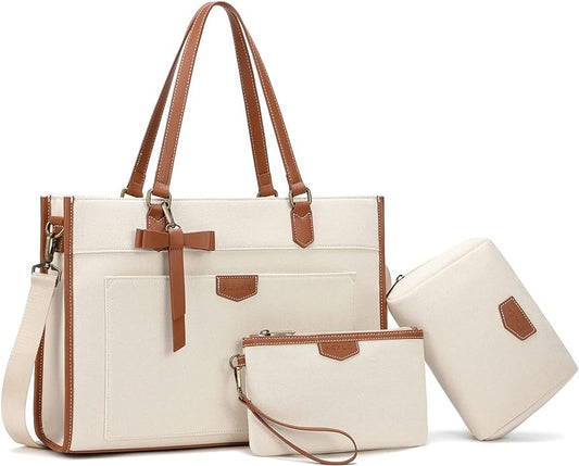 Keyli 3 PCS Laptop Bag for Women Canvas Tote Bags 15.6 inch Large Capacity Shoulder Handbag Lightweight Briefcase Purses
