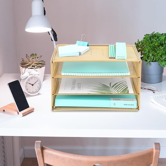 EASEPRES 3 Tier Desk Paper Organizer, Gold